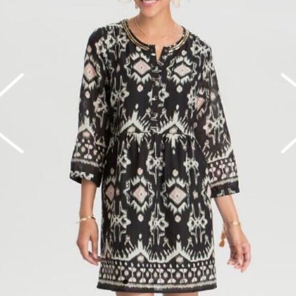 World Market Ikat Print Boho Tunic Black Shirt Dress Women’s Small 4 - Picture 1 of 5